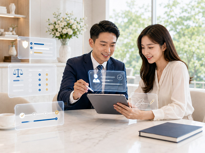 保險業務員使用平板與客戶一起確認保障內容